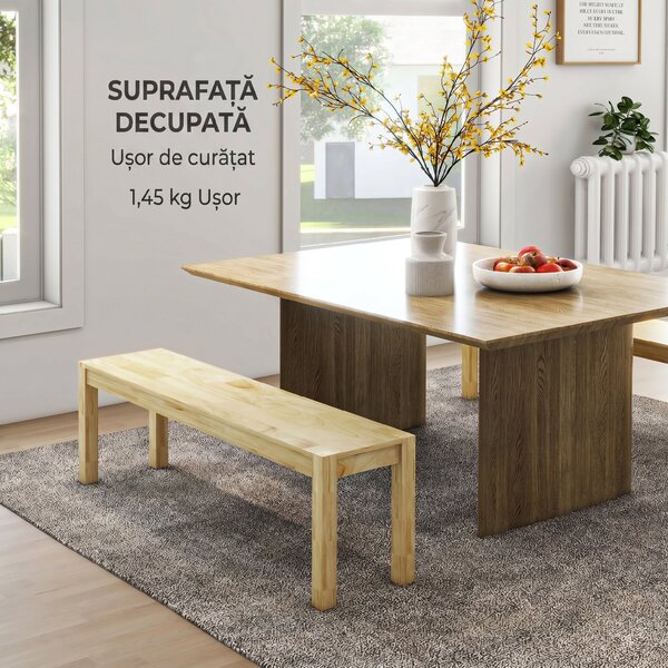 HOMCOM Bancă de Sufragerie din Lemn 150 cm, pentru 3 Persoane, Ideală pentru Bucătărie sau Intrare, Finisaj Natural | Aosom Romania