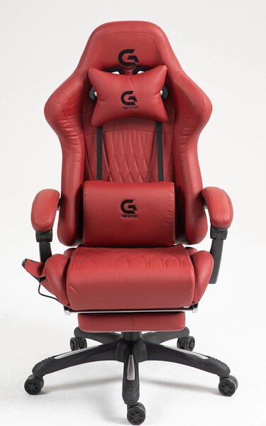 Scaun gaming, Masaj in 7 puncte, Boxe Bluetooth, funcție șezlong, 90-155 grade, suport picioare, PU, Rosu