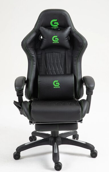 Scaun gaming, Masaj in 7 puncte, Boxe Bluetooth, funcție șezlong, 90-155 grade, suport picioare, PU, Negru/cusatura verde
