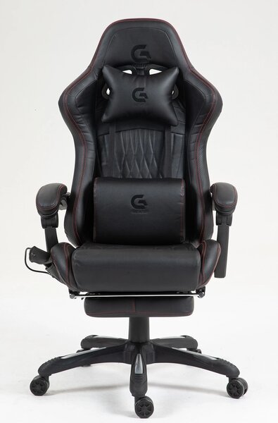 Scaun gaming, Masaj in 7 puncte, Boxe Bluetooth, funcție șezlong, 90-155 grade, suport picioare, PU, Negru/cusatura rosie