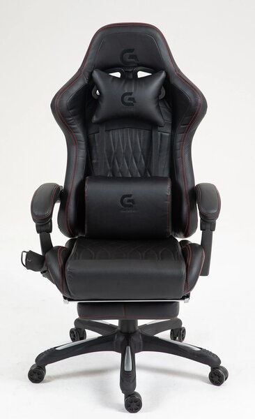 Scaun gaming, Masaj in 7 puncte, Boxe Bluetooth, funcție șezlong, 90-155 grade, suport picioare, PU, Negru/cusatura rosie