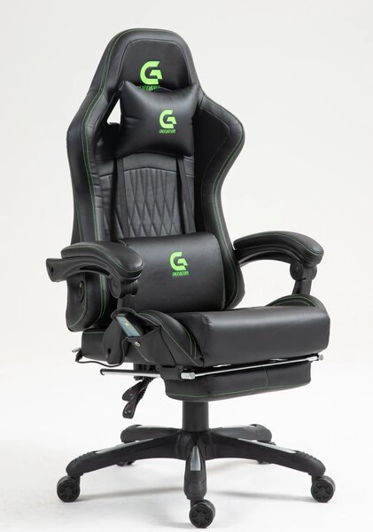 Scaun gaming, Masaj in 7 puncte, Boxe Bluetooth, funcție șezlong, 90-155 grade, suport picioare, PU, Negru/cusatura verde