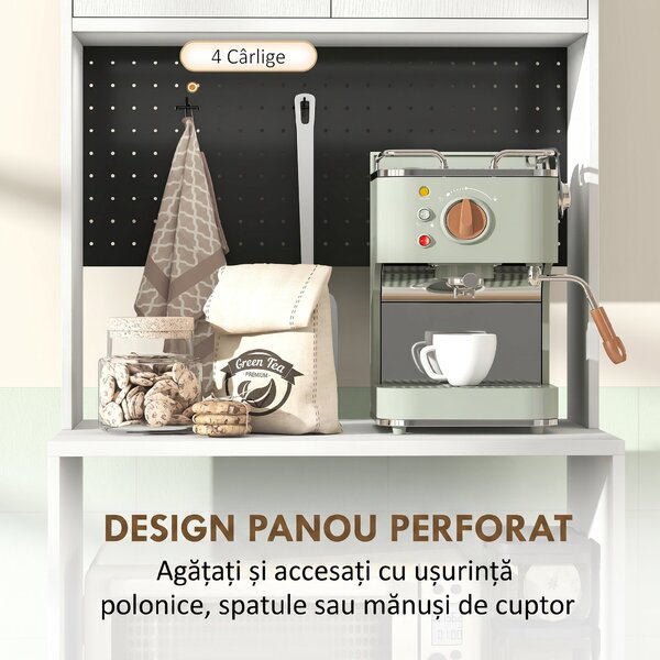 HOMCOM Dulap pentru Microunde cu Dulap, Blat de Lucru, Mobilă de Bucătărie cu 2 Sertare, Panou Metalic, 4 Cârlige, Raft Reglabil pentru Bucătărie, Sală de Masă, Living, Alb | Aosom Romania