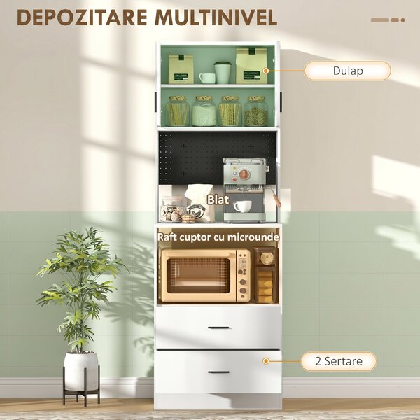 HOMCOM Dulap pentru Microunde cu Dulap, Blat de Lucru, Mobilă de Bucătărie cu 2 Sertare, Panou Metalic, 4 Cârlige, Raft Reglabil pentru Bucătărie, Sală de Masă, Living, Alb | Aosom Romania