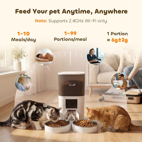PawHut Distribuitor Automat Hrană Pisici 6L WiFi 2.4G, Control prin Aplicație cu Timer, 1-10 Mese pe Zi, Înregistrare 10s, 2 Boluri din Oțel Inoxidabil | Aosom Romania