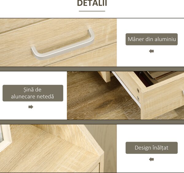 Vinsetto Fiset pentru Birou din Lemn cu 4 Sertare, Dulap pentru Birou cu Roti si Margini Inaltate, 40x36x65cm, Lemn Natur