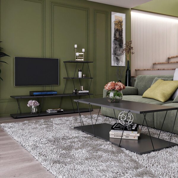 Set Mobila Sufragerie Basak, Alb - Stejar - Gri, 150x93x30 cm, 120x30x50 cm