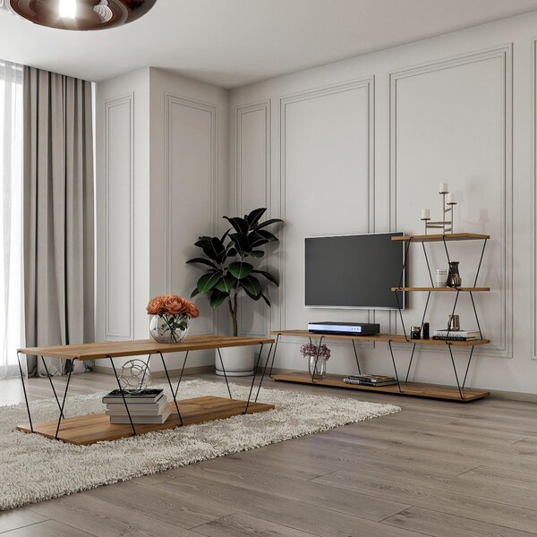 Set Mobila Sufragerie Basak, Alb - Stejar - Gri, 150x93x30 cm, 120x30x50 cm