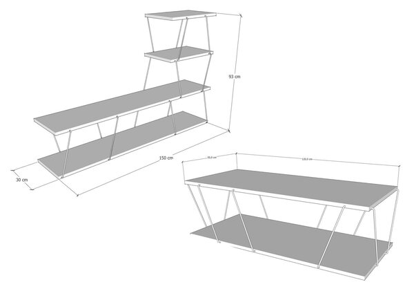 Set Mobila Sufragerie Basak, Alb - Stejar - Gri, 150x93x30 cm, 120x30x50 cm