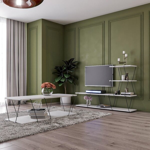 Set Mobila Sufragerie Basak, Alb - Stejar - Gri, 150x93x30 cm, 120x30x50 cm