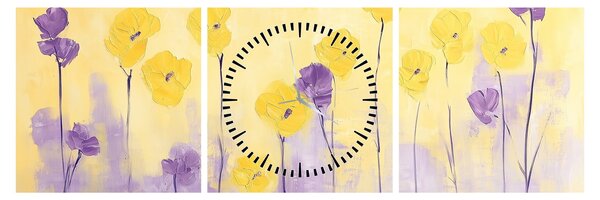 Tablou - Flori mov și galbene (cu ceas) (90x30 cm)