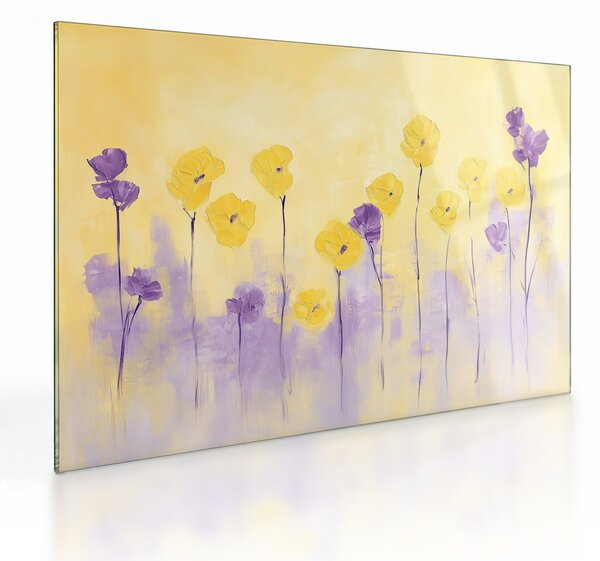 Tablou pe sticlă - Flori mov și galbene (70x50 cm)