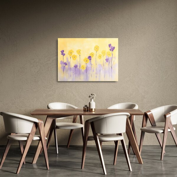Tablou pe sticlă - Flori mov și galbene (70x50 cm)