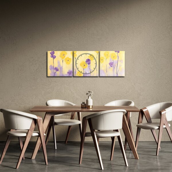 Tablou - Flori mov și galbene (cu ceas) (90x30 cm)
