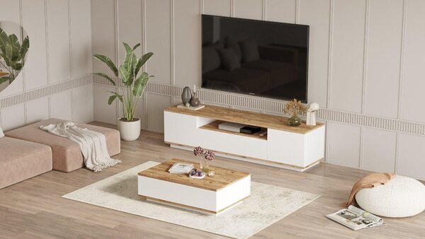 Set Mobila Sufragerie Songul, Stejar, 2 piese, Comoda Tv - Masuta de Cafea, 180x45x45 cm