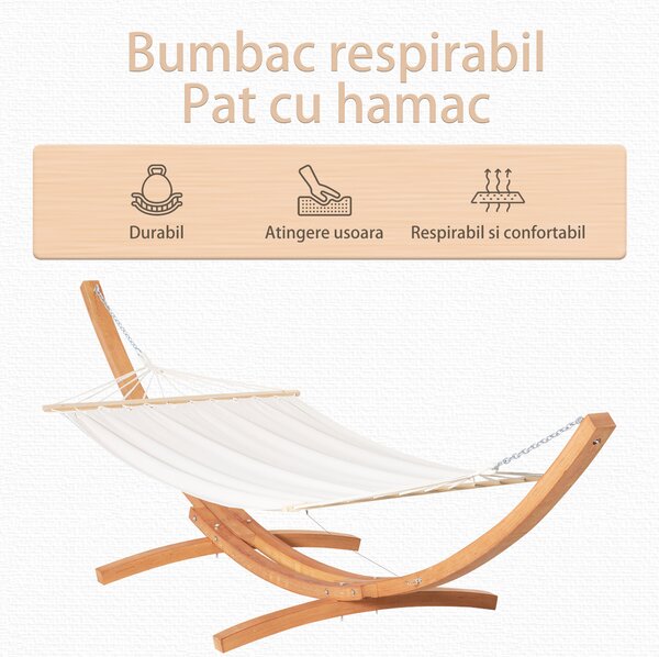 Hamac Outsunny cu Suport din Lemn si Bumbac, Hamac de Gradina pentru alte Spatii Exterioare, 392x120x102cm, Alb | Aosom Romania
