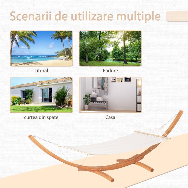 Hamac Outsunny cu Suport din Lemn si Bumbac, Hamac de Gradina pentru alte Spatii Exterioare, 392x120x102cm, Alb | Aosom Romania