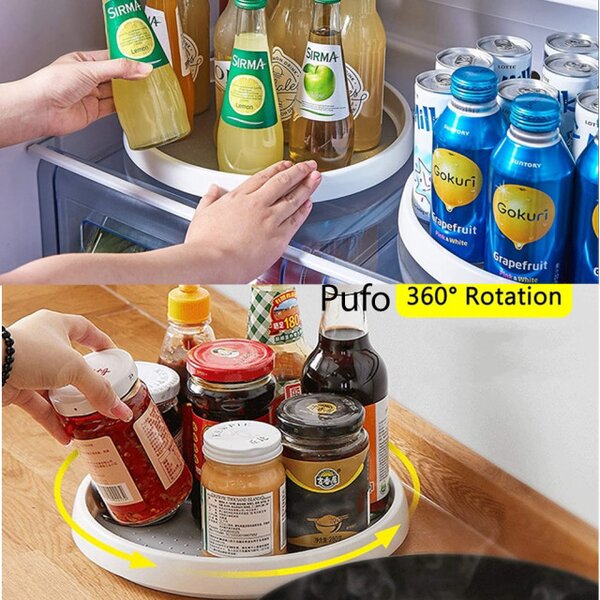 Organizator rotativ tip tava Pufo pentru frigider sau dulap cu suprafata antialunecare, 30 cm, alb