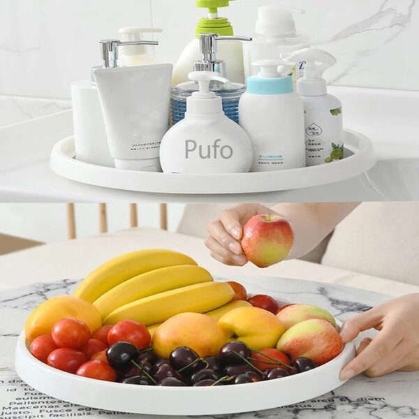Organizator rotativ tip tava Pufo pentru frigider sau dulap cu suprafata antialunecare, 30 cm, alb