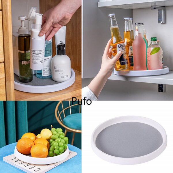 Organizator rotativ tip tava Pufo pentru frigider sau dulap cu suprafata antialunecare, 30 cm, alb