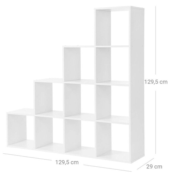 Raft biblioteca Vasagle in trepte cu 10 compartimente, alb 129.5 X 29 X 129.5 cm