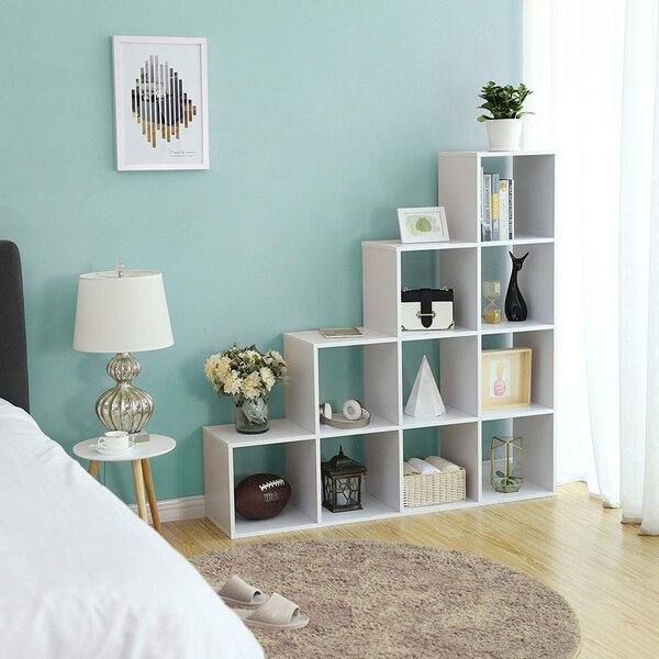 Raft biblioteca Vasagle in trepte cu 10 compartimente, alb 129.5 X 29 X 129.5 cm