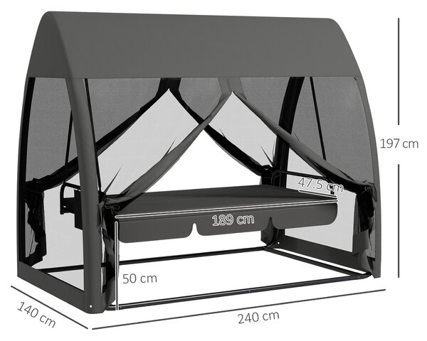 Outsunny Balansoar de Grădină 2-în-1 Convertibil în Pat cu Perne, Balansoar cu Husă și Plasă de Țânțari cu Fermoar, 240x140x197 cm, Gri | Aosom Romania