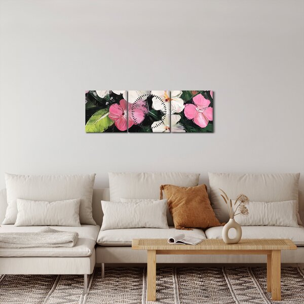 Tablou - Flori roz și albe (cu ceas) (90x30 cm)