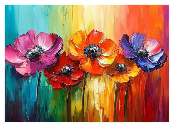 Tablou pe sticlă - Cinci flori colorate (70x50 cm)