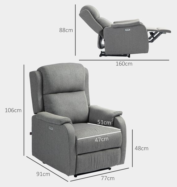 HOMCOM Fotoliu Electric cu Suport pentru Picioare și Priză USB, Fotoliu Rabatabil la 160°, 77x91x106 cm, Gri Deschis | Aosom Romania