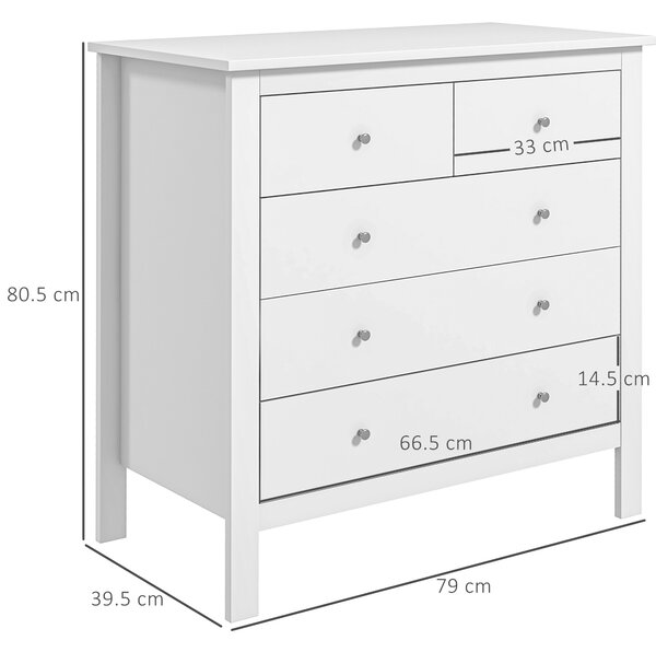 HOMCOM Comodă cu 2 Sertare Mici și 3 Sertare Mari, Comodă de Dormitor din Lemn, 79x39,5x80,5 cm, Alb | Aosom Romania
