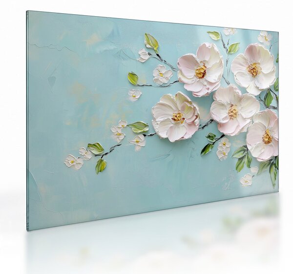 Tablou pe sticlă - Flori pe fundal albastru (70x50 cm)