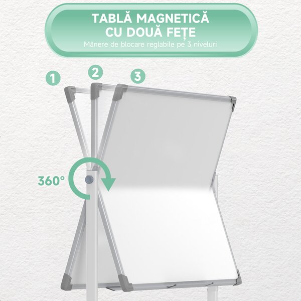 HOMCOM Tablă Magnetică cu 2 Fețe, Tablă Rotativă la 360° cu 3 Nivele Reglabile, Burete și Marker-e, 127x50x165 cm, Alb | Aosom Romania