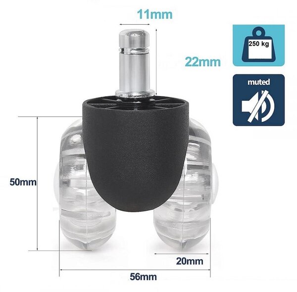 Set 5 Roți Duble, transparente, pentru scaune de birou – rulante, rapide și silențioase, tija de 11 mm, Negru/Alb/Transparent