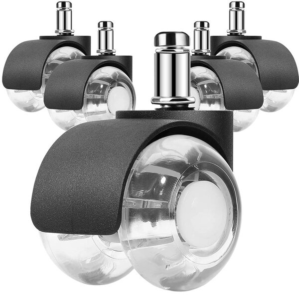 Set 5 Roți Duble, transparente, pentru scaune de birou – rulante, rapide și silențioase, tija de 11 mm, Negru/Alb/Transparent