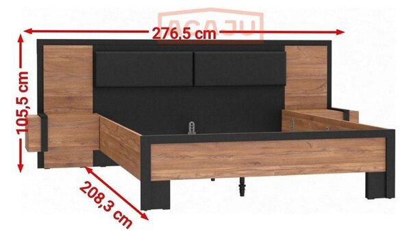 Cadru pat Acazio 160x200, stejar inchis/negru, PAL/metal, cu noptiere