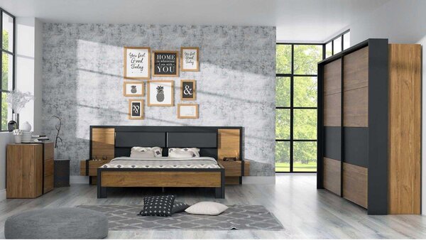 Cadru pat Acazio 160x200, stejar inchis/negru, PAL/metal, cu noptiere