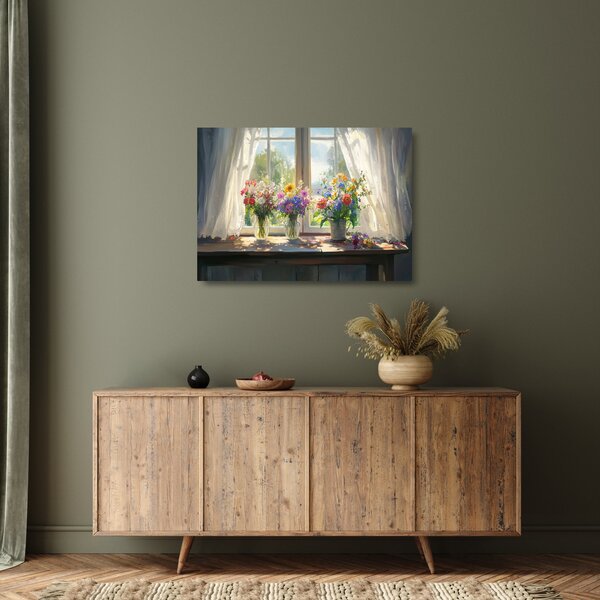 Tablou pe sticlă - Buchet la fereastră (70x50 cm)