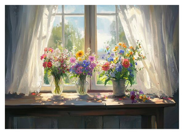 Tablou pe sticlă - Buchet la fereastră (70x50 cm)