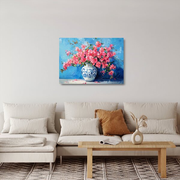 Tablou pe sticlă - Vază cu flori roz (70x50 cm)