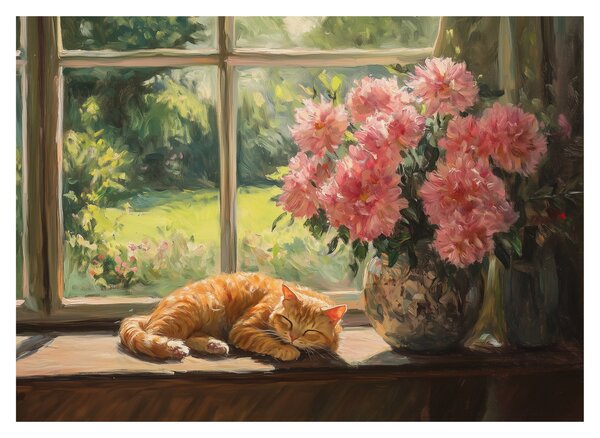 Tablou pe sticlă - Pisică la fereastră (70x50 cm)