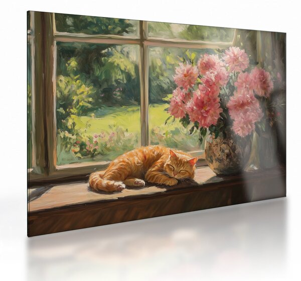 Tablou pe sticlă - Pisică la fereastră (70x50 cm)