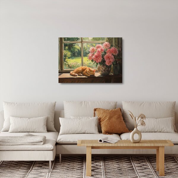 Tablou pe sticlă - Pisică la fereastră (70x50 cm)