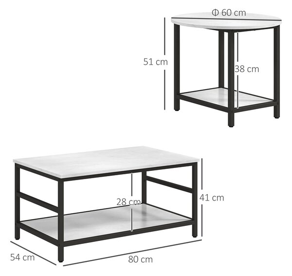 Set 2 Masute de Cafea cu 2 Niveluri din PAL si Otel, Masuta Dreptunghiulara si Masuta Rotunda cu Blat Efect Marmura, Alb si Negru HOMCOM | Aosom RO