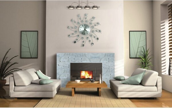 Ceas de perete cu cristale, 50 cm, mecanism Quartz, cifre arabe, argintiu