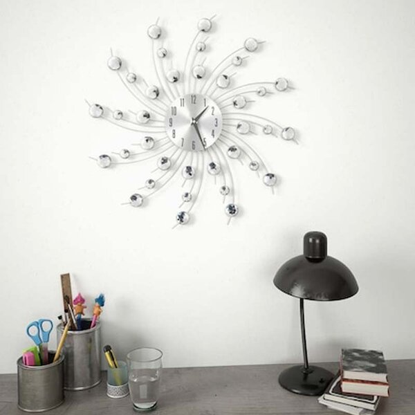 Ceas de perete cu cristale, 50 cm, mecanism Quartz, cifre arabe, argintiu