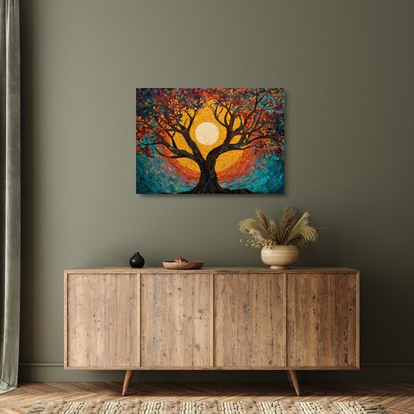 Tablou pe sticlă - Soarele în coroana arborelui vieții (70x50 cm)