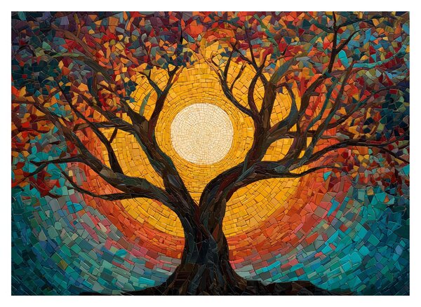 Tablou pe sticlă - Soarele în coroana arborelui vieții (70x50 cm)