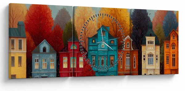 Tablou - Oraș de toamnă pictat (cu ceas) (90x30 cm)