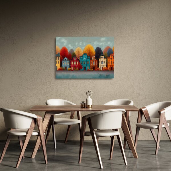 Tablou pe sticlă - Oraș de toamnă pictat (70x50 cm)